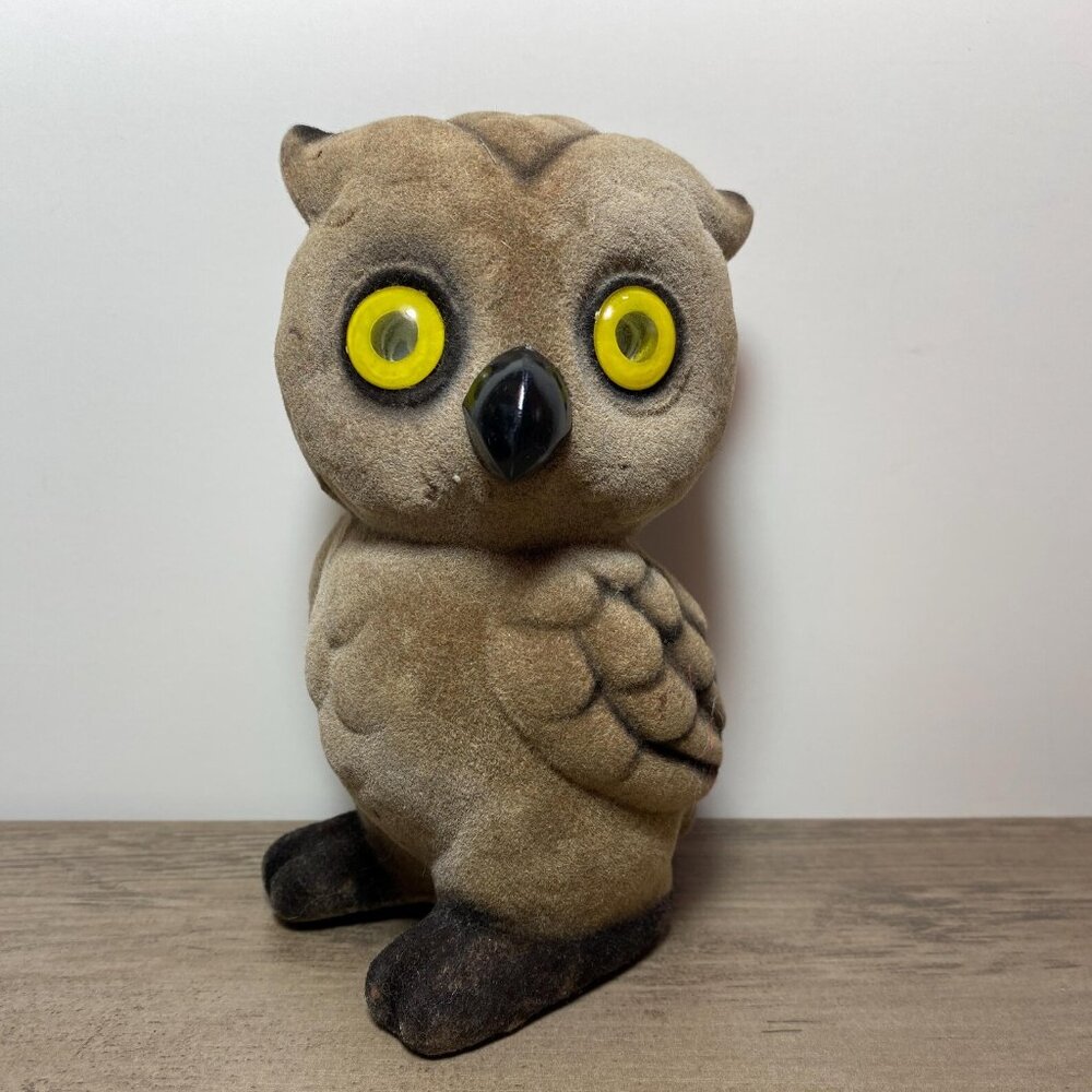 Flocked Owl Coin Piggy Bank Vintage Collectible